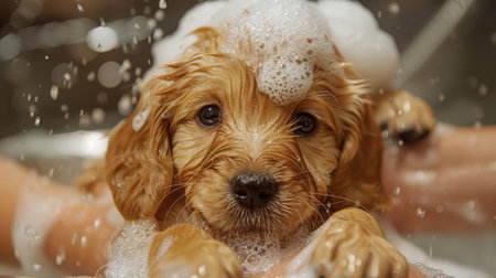 A dog with wet fur is sitting inside a white bathtub, surrounded by soap bubbles. The dogs eyes are wide open, and its tongue is sticking out. Water is running from a showerhead, creating a relaxing and clean environment.の素材