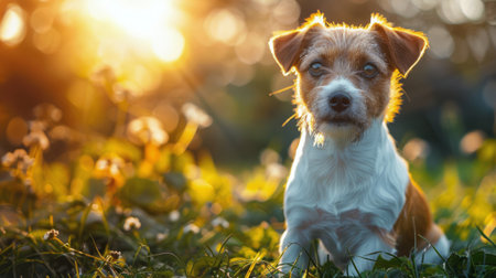 A brown dog is sitting in green grass, gazing upwards with alert eyes. The dogs ears are perked up as it observes its surroundings. The sun casts a warm glow on its fur.の素材