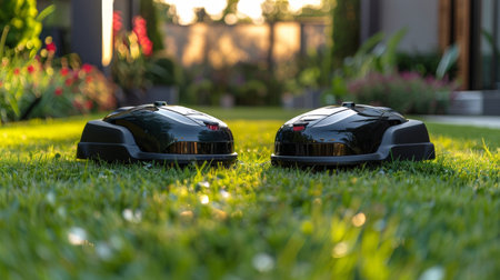 Two modern robotic lawn mowers are parked on the grassy lawn. The machines appear sleek with metallic bodies and sharp blades, ready to tackle the yard work efficiently.の素材