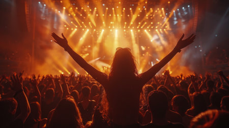 A person is standing on a stage, with their arms held high in the air. They appear confident and triumphant, perhaps celebrating a victory or achievement.の素材