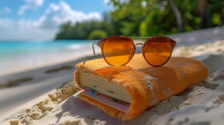 A pair of sunglasses lays atop an open book, with the frames resting gently on the pages. The sunlight reflects off the lenses, creating a subtle glint. The scene suggests a moment of pause or the end of a reading session.の素材