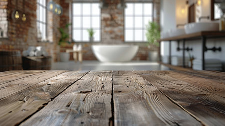 A wooden table top with a medium-sized bowl placed on it in a simple and uncluttered setting. The bowl appears empty and is positioned in the center of the table.の素材
