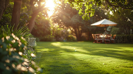 A table and chairs are placed in the center of a garden, surrounded by lush greenery and colorful flowers. The setting evokes a sense of outdoor dining and relaxation.の素材