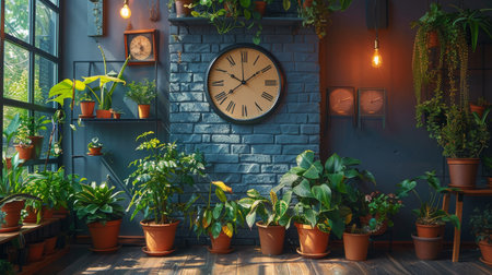 A clock is securely mounted on the side of a weathered brick wall, displaying the current time against a backdrop of textured red bricks and mortar. The clocks hands move steadily, ticking away the seconds and minutes in a busy urban setting.の素材