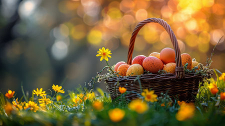 A bird nest sits atop a vibrant green field, filled with a cluster of eggs. The nest is intricately woven with twigs and grasses, providing protection for the developing eggs.の素材