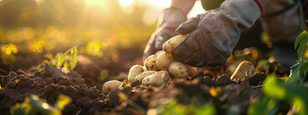 A person crouching and picking mushrooms from the ground in a vast field filled with grass and scattered mushrooms.の素材