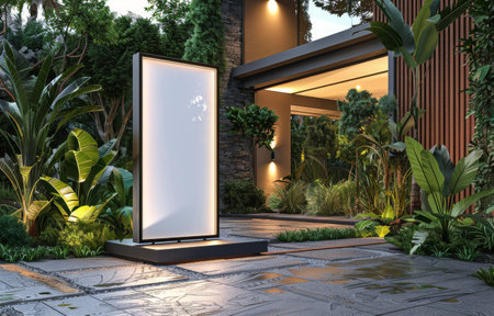 A large screen positioned in the center of a garden surrounded by greenery and flowers.の素材