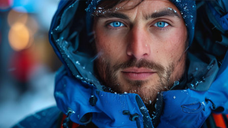 A Caucasian man with striking blue eyes is dressed in a blue jacket, standing against a neutral background. His gaze is direct, and his posture is confident and assertive.の素材