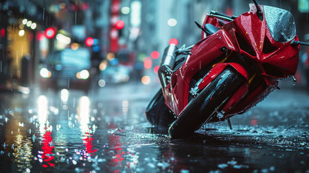 A vibrant red motorcycle is parked on a rain-slicked street, with water droplets glistening on its glossy surface. The bike stands out against the dark, wet pavement, adding a pop of color to the urban scene.の素材