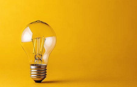 A light bulb resting on a bright yellow surface, casting a soft glow.の素材