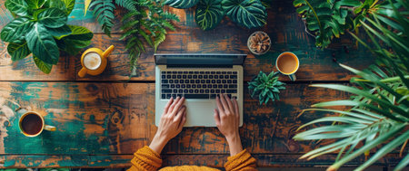 A person typing on a laptop computer while surrounded by several potted plants in a cozy indoor setting.の素材