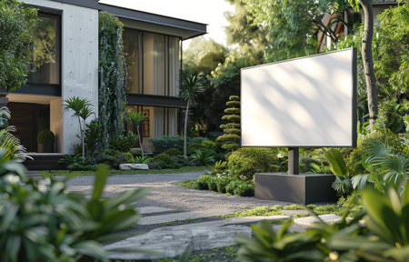 A house with a large screen set up in the front yard.の素材