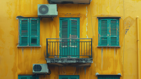 A yellow building with green shutters and a balcony stands tall in the cityscape. The buildings facade catches the eye with its vibrant colors and architectural details. The balcony overlooks the street below, adding a touch of charm to the urban setting.の素材