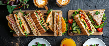 A table is set with various plates of food and glasses of drinks, ready for a meal to be enjoyed.の素材