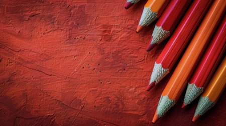 A straight row of vibrant colored pencils is neatly lined up against a solid red wall. Each pencil stands upright, showcasing its various colors and sharpened tips.の素材