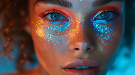 A detailed close-up view of a persons face focusing on their striking blue eyes. The eyes are prominently featured, capturing the attention of the viewer with their vivid blue color and unique details.の素材