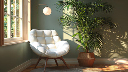 A white chair is positioned next to a potted plant in a simple and functional setup. The chair is empty, and the plant appears healthy and well cared for in this minimalist indoor space.の素材