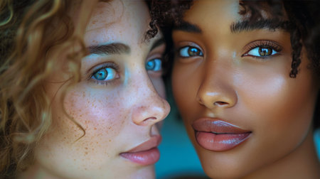 Two women with freckled hair are shown in close proximity, their distinctive freckles clearly visible. The womens hair is highlighted, showcasing the unique freckled pattern that adds character to their appearance.の素材