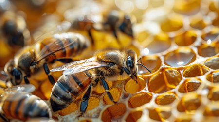 A close-up view of a bee on a honeycomb, showing the intricate details of the bee as it collects nectar and pollen from the cells of the hive. The bees fuzzy body and delicate wings contrast against the hexagonal cells of the honeycomb.の素材