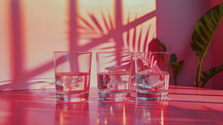 Three transparent glasses filled with water are placed on a wooden table. The glasses are neatly arranged in a row, each reflecting the light that shines upon them.の素材
