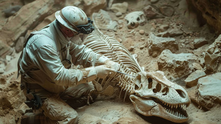 A man kneels down next to a dinosaur skeleton, studying its intricacies and size. The skeleton is partially assembled, showcasing the ribs, skull, and tail. The man appears focused and engaged in examining the ancient remains.の素材