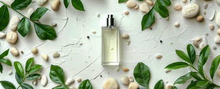 Flat lay composition with bottle of perfume and green leaves on white backgroundの素材