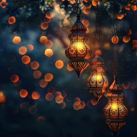 Ramadan Kareem greeting card. Ramadan lanterns on bokeh backgroundの素材