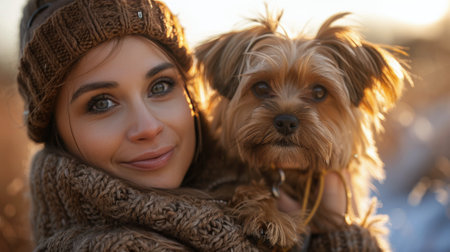 A woman is holding a small dog in her arms. She is standing and looking down at the dog, who seems content in her embrace. The dog appears relaxed, enjoying the close contact with its human.の素材
