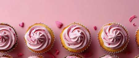 Several cupcakes with pink frosting and red sprinkles are arranged on a pink plate.の素材