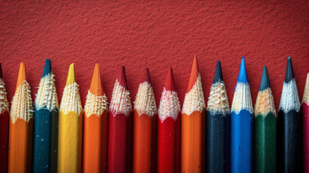 A precise row of various colored pencils stands upright against a bright red wall. The pencils are neatly lined up, creating a visually striking contrast with the vibrant background.の素材