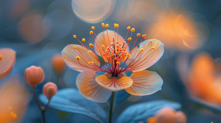This close-up shot showcases a vibrant flower covered in sparkling water droplets, enhancing its natural beauty and freshness. The intricate details of the petals and the glistening droplets create an eye-catching focal point.の素材