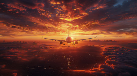 An airplane flies above a layer of fluffy clouds, illuminated by the warm hues of a setting sun. The sky is painted in shades of orange and pink, creating a stunning backdrop for the aircraft in motion. The scene evokes a sense of freedom and wonder as the plane travels through the vast sky.の素材