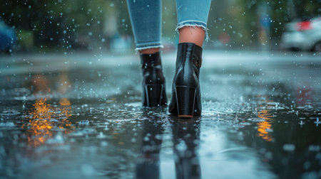 A person walks through the rain on a wet, dreary day. Raindrops fall around them as they navigate the damp sidewalk, carrying an umbrella to shield themselves from the downpour.の素材