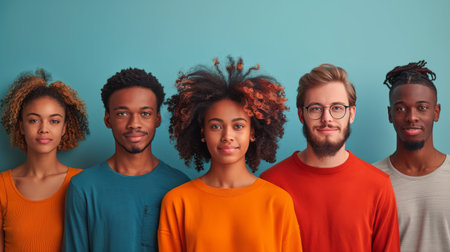 A diverse group of individuals are standing closely together in a line. They vary in age, gender, and ethnicity, showing unity and diversity. Each person is looking in the same direction, creating a sense of cohesion and togetherness.の素材