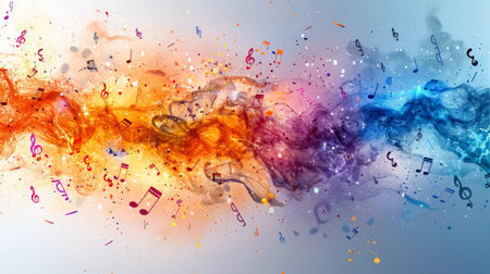 Colorful music notes in watercolor ink splashes on white backgroundの素材
