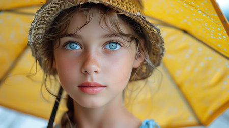 A young girl, wearing a straw hat to shield her from the sun, holds an umbrella in her hand. She appears to be outdoors, possibly enjoying a sunny day.の素材