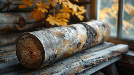 A close up view of a log placed on a table, showing the texture and patterns of the wood. The log is partially cut and has visible rings, bark, and knots. Light shines on the log, highlighting its details.の素材