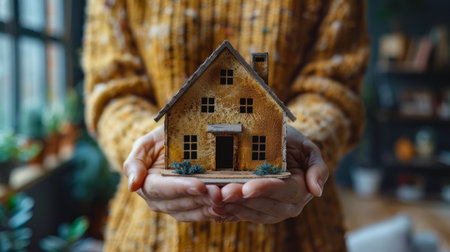 A person is holding a small house in their hands, showing it to the camera. The house is intricately detailed, with windows, a door, and a roof.の素材