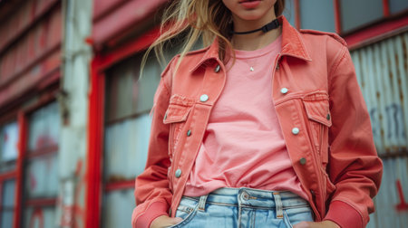 A woman is standing wearing a pink shirt and jean shorts. She appears casual and relaxed, posing for the camera in a simple outfit. The pink color of her shirt stands out against her blue jean shorts.の素材