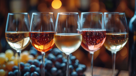 A neat row of wine glasses is displayed on top of a rustic wooden table. The glasses are clean and upright, reflecting light from above.の素材
