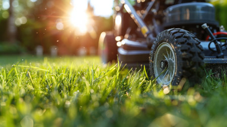 A gas-powered lawn mower sits unused on top of a vast, vibrant green field, ready to be put to work on maintaining the pristine landscape.の素材