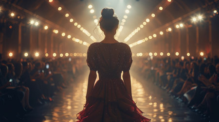 A woman strides down the runway, showing the back of her elegant dress. The fabric flows gracefully behind her as she walks confidently.の素材