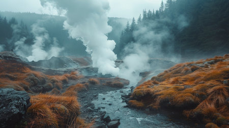 A stream of water releasing steam into the air, creating a misty effect in the surroundings. The water appears to be hot, causing the steam to rise above it in a visible manner.の素材