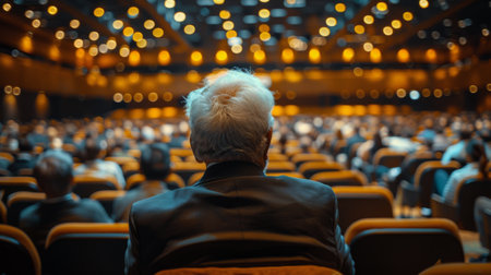 A man stands confidently in front of a diverse crowd of people, all looking towards him with attentiveness. He appears to be addressing the audience. The crowd is engaged and responsive to his presence.の素材