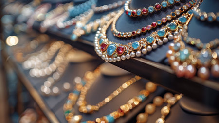 A variety of necklaces are neatly arranged and displayed on a shelf. The necklaces differ in style, color, and material, creating a visually appealing arrangement.の素材
