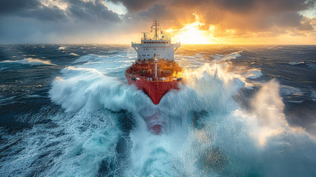 A massive ship navigates through the expansive waters of the ocean, dominating the scene with its sheer size and presence.の素材