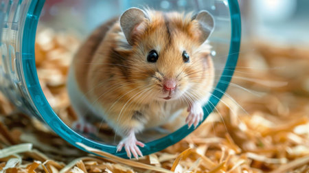 A hamster is energetically running inside a hamster wheel placed in a pile of wood chips. The hamsters fur is brown, and it moves its tiny paws quickly as it runs in circles.の素材