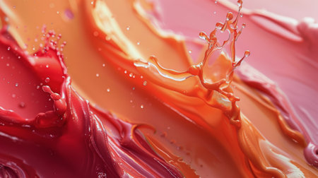 This close up view showcases a vibrant mix of red and orange liquid blending together in a swirl of colors, creating an eye-catching abstract pattern.の素材