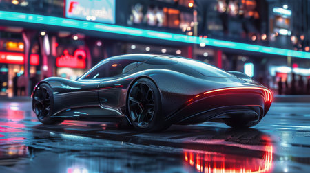 A futuristic car with sleek design and glowing lights navigates through a bustling city at night. Tall skyscrapers and neon signs illuminate the surrounding streets as the vehicle speeds along the urban landscape.の素材