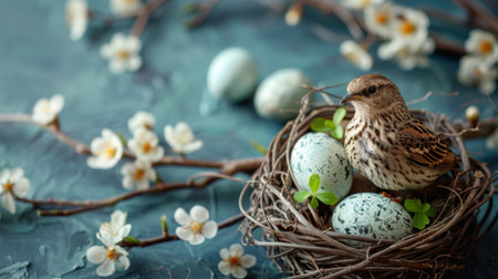 A bird is perched inside a nest, surrounded by several eggs. The bird appears to be guarding the eggs and keeping them warm.の素材